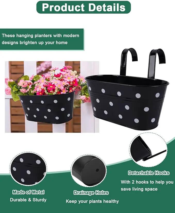 vensovo Metal Railing Planter for Outdoor Plants - 3 Pack Balcony Hanging Flower Pots with Detachable Hooks and Drain Holes Oval Bucket Rail Box Fence Planters for Home Garden Decor, Black with Spot by GreenHaven Gardens