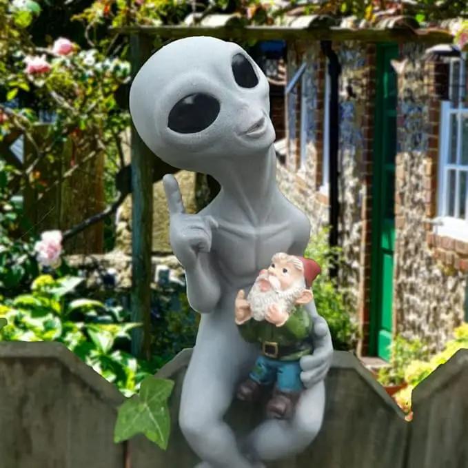 Andre' & Fritz Friendship “Origins” Alien and Gnome Garden Fence Sitter Statue | Poly-Resin 9" h x 3" w x 4" d Outdoor Décor (Origins - Fence Sitter) by GreenHaven Gardens