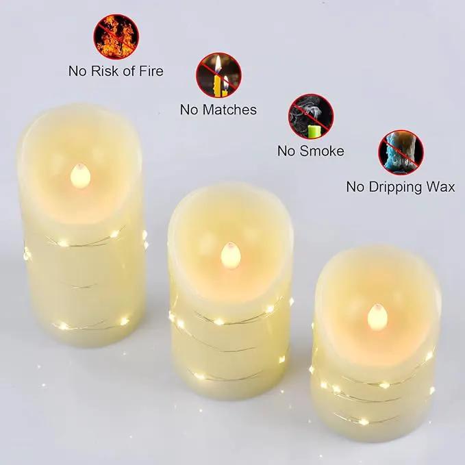 Flameless Flickering Candle, Pillar Candle,with Embedded String Lights,3 Pack LED Romantic Candle with Remote Control, Battery Operated Real Wax, Ideal for Wedding, Home decorand Holiday (Ivory) by GreenHaven Gardens