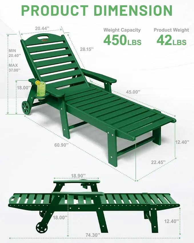 Lounge Chair Outdoor Set of 4 with Wheels, Adjustable 6-Position Chaise Lounge Outdoor, Patio Lounge Chair for Poolside Backyard, Green by GreenHaven Gardens