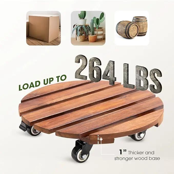 Idzo 2-Pack 14 Inch Acacia Wood Plant Caddy with Wheels – Heavy-Duty Plant Dolly with 264 Lbs Capacity, 360° Lockable Wheels for Large Plant Pots, Heavy Objects, Ideal for Indoor and Outdoor Use by GreenHaven Gardens