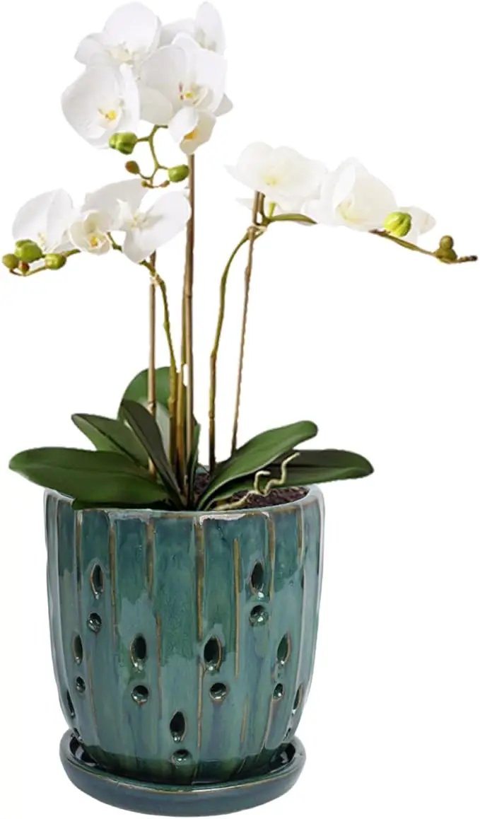 vensovo 6 Inch Ceramic Orchid Pot - Orchid Pot with Holes for Repotting, Ceramic Planter with Saucer for Indoor/Outdoor Plants, Green by GreenHaven Gardens