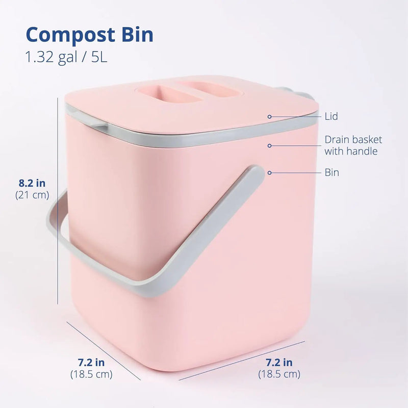 BLUE GINKGO Kitchen Compost Bin [5L / 1.32 GAL] – Filter-Free, Odor-Tight Countertop Food Waste Pail with Handles (Made in Korea, Pink) by GreenHaven Gardens