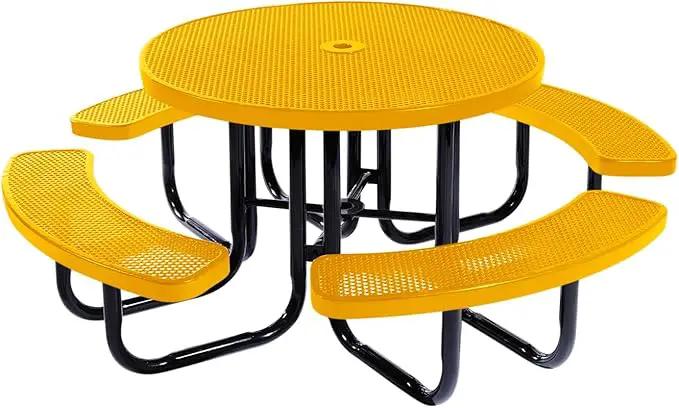 Coated Outdoor Furniture Heavy-Duty Portable Outdoor Picnic Table with Umbrella Hole, Punched Steel Commercial-Grade Patio Dining Furniture Made in America (46" Round Top, Yellow) by GreenHaven Gardens