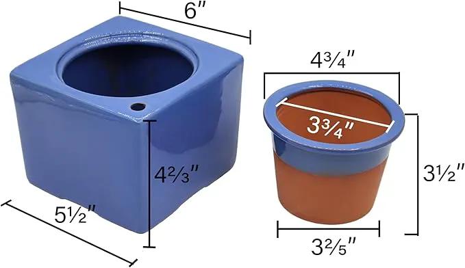 Ceramic African Violet Self Watering Pot 6 Inch Square Pot 3.5 Inch Innter Pot Easy Fill Water Reservoir Blue by GreenHaven Gardens