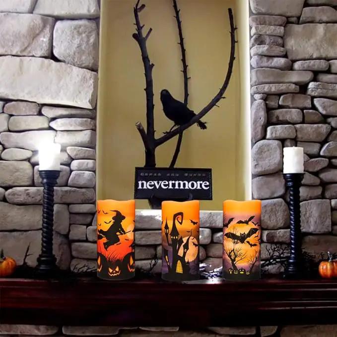 Halloween Real Wax LED Flameless Flickering Candles with 6H Timer, 3 Pcs Pillar Battery Operated Candle Sticks with Halloween Decal for Home Decor(3”x6”) by GreenHaven Gardens