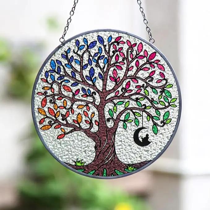Artificial Trees of Life Suncatchers for Home Decorative Hanging Ornaments with Stick Hook for Window Hanging Hand-Painted Fake Plants Tree&Cat Memorial Gifts for Women 6.3'' * 6.3'' by GreenHaven Gardens
