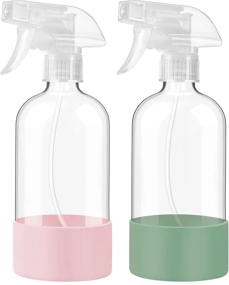 JohnBee Glass Spray Bottles with Silicone Sleeve, 2 Pack16 oz Empty Refillable Containers with Adjustable Spray Nozzles, Spray Bottles for Hair, Cleaning Solutions and Plants Olive Green&Pink by GreenHaven Gardens