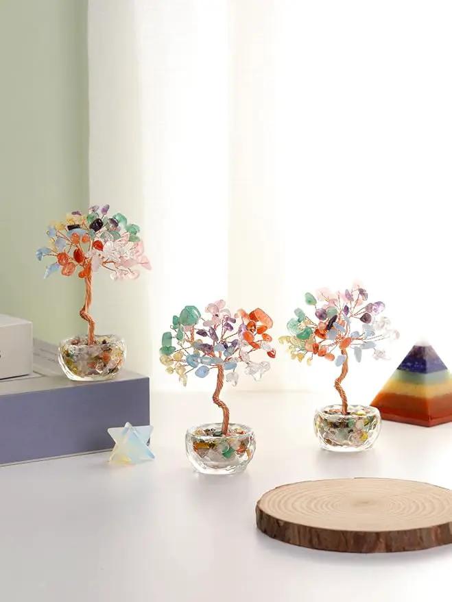 Jovivi Small 7 Chakra Crystals Tree, Natural Crystal Healing Stones Tree Glass Bowl Base Gemstone Money Trees Feng Shui Good Luck Home Desk Decor by GreenHaven Gardens