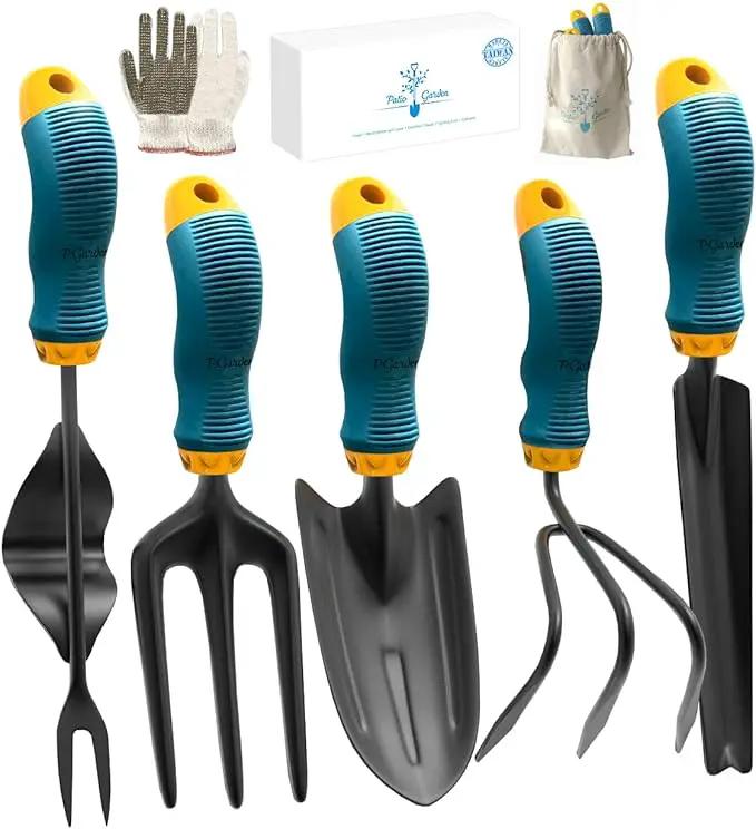 Gardening Tools Set from Alloy Steel - Heavy Duty Garden Tool Set with Light & Rubber Non-Slip Handle - Gardening Tool Kit - Ergonomic Garden Hand Tools - Gardening Gifts for Men and Women by GreenHaven Gardens