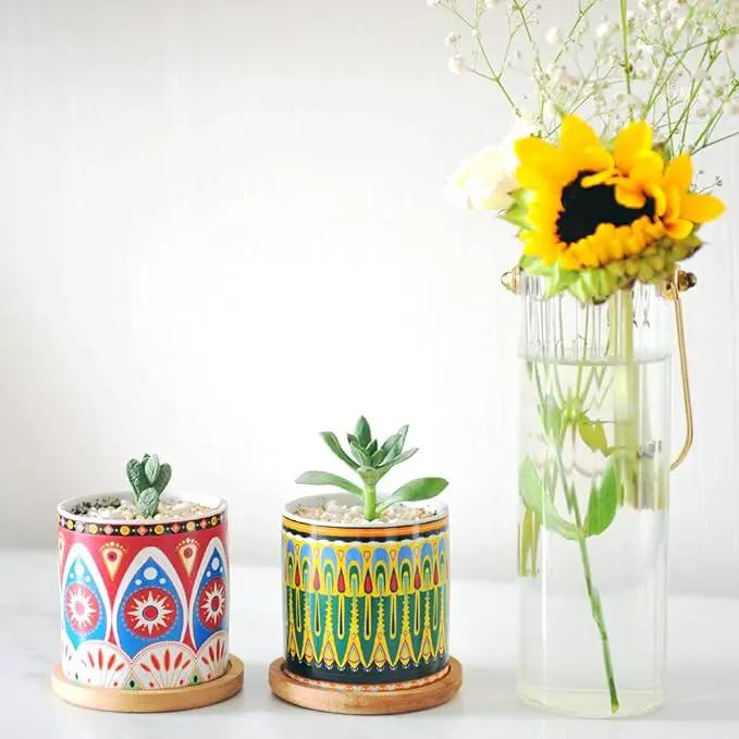 Mandala Succulent Pot with Drainage Hole & Bamboo Coaster, Small Plant Pots, Bohemian Ceramic Succulent Planter Pot for Small Plant-6 Pack by GreenHaven Gardens