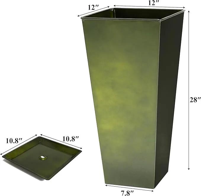 WORTH Garden 28" Large Metal Glazed Planter Set of 2, Luxurious Glossy Finish Green Tall Square Tapered Steel Plant Pots, Decor Flower Pot Indoor & Outdoor, Drainage Hole & Dual-Purpose Plant Saucer by GreenHaven Gardens