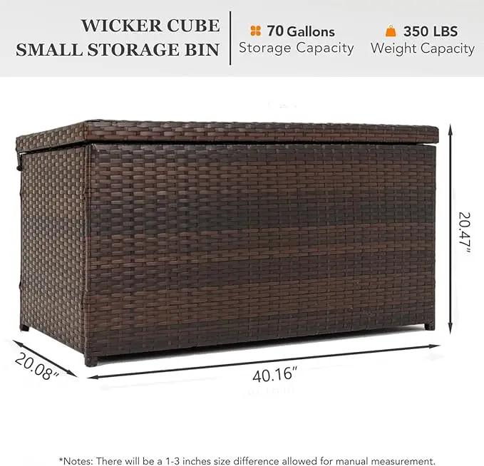 Outdoor 70 Gallon Wicker Storage Box with Waterproof Liner, Patio PE Rattan Storage Container for Outside, Deck Box with Hinged Lid for Cushions, Pillows, Towels, Horizontal Bin, Brown by GreenHaven Gardens