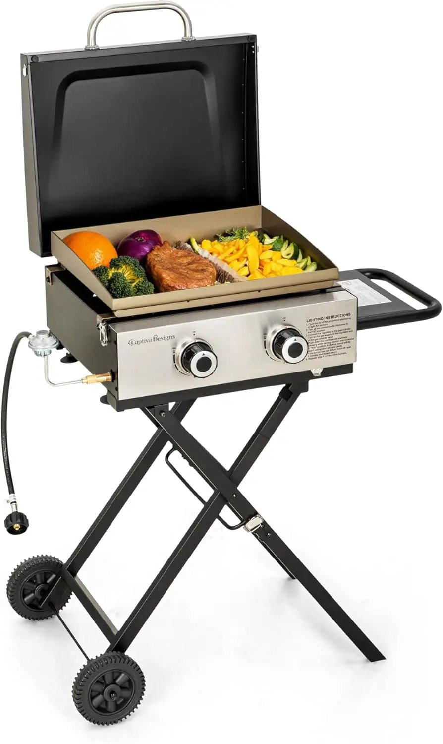 MFSTUDIO Small Portable Propane Griddle, 2 In 1 Gas BBQ Travel Grill with Foldable Stand, Compact and Light Countertop Grills with 2 Burners and Side Table, for Outdoor Cooking, Camping and Roadtrip by GreenHaven Gardens
