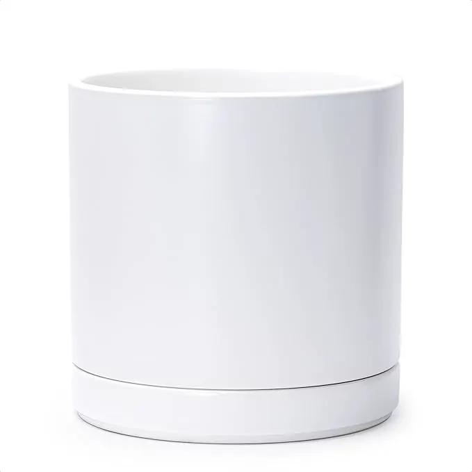 D'vine Dev 10 Inch Ceramic Planter Pot with Drainage Hole and Saucer, Indoor Cylinder Round Planter Pot, White, 94-O-E-1 by GreenHaven Gardens