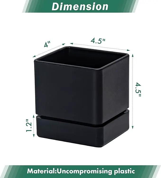 4 Inch Herb Planter Pot, Plastic Planter with Drainage Holes and Saucer, Modern Decorative Gardening Pot for Indoor Plants, Flowers, Herbs, Succulents, Black, Set of 4, 76-Y-B-4 by GreenHaven Gardens