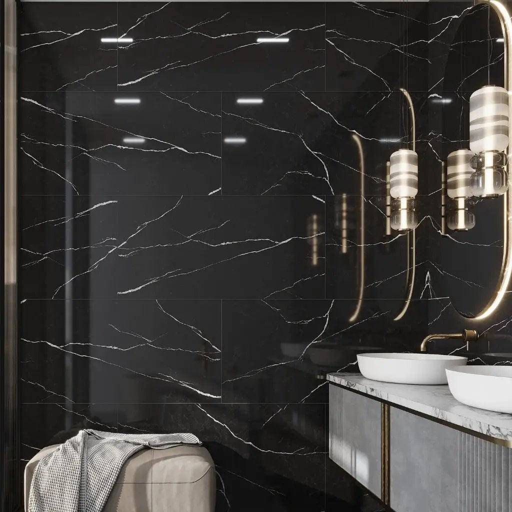 Black 24x48 Polished Porcelain Large Format Tile (2 pack, 15.55 sq ft/case) by Apollo Tile