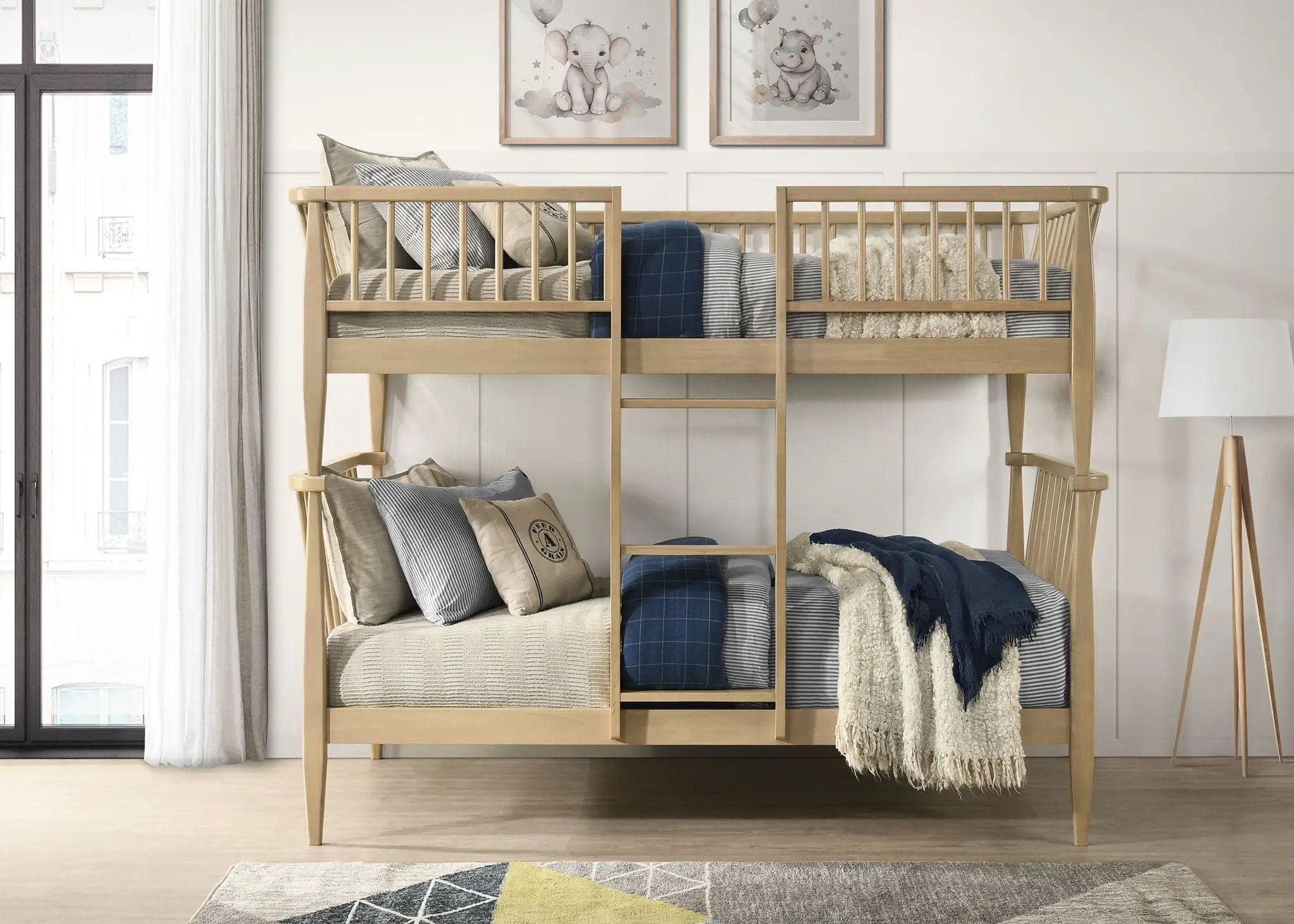 Abram Windsor Twin Over Twin Wood Bunk Bed with Ladder Almond by Unique Piece Furniture