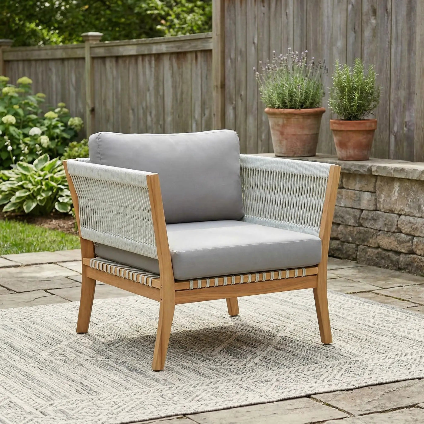 30.3" Outdoor Acacia Wood Patio Chair with Woven Rope Accents by HouseOfZazla