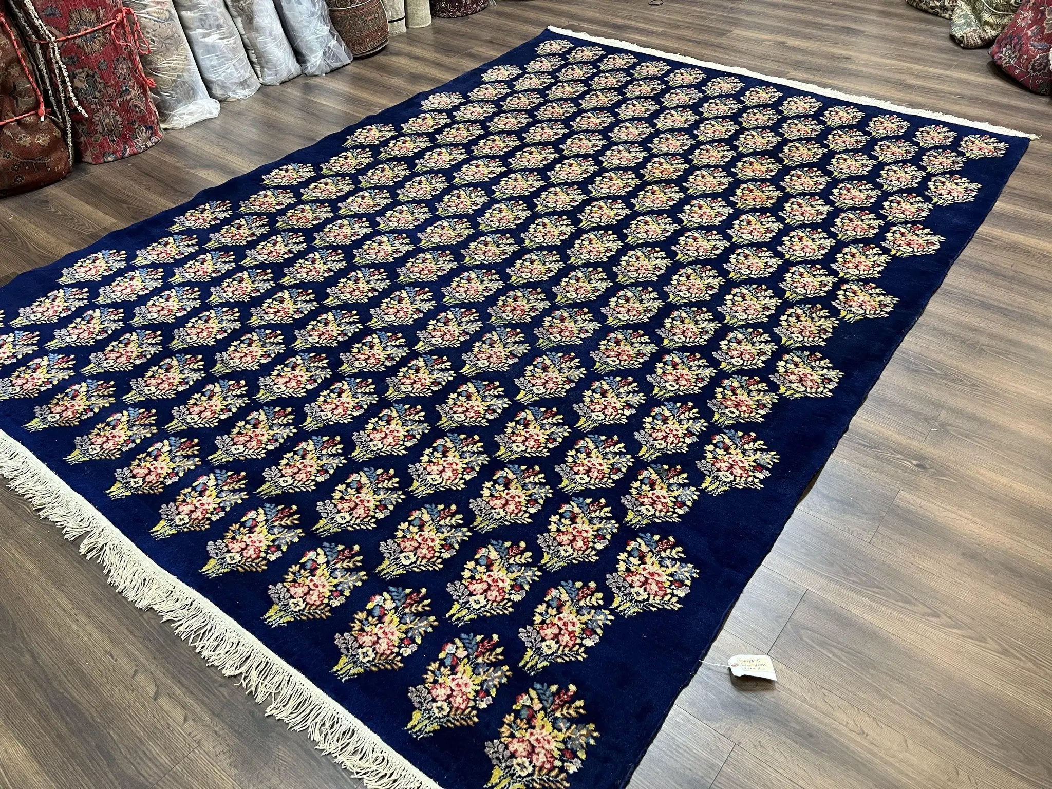 Persian Rug 9x12, Authentic Hand Knotted Carpet, Repeated Floral Motif Garden of Eden, Navy Blue Wool Rug 9 x 12, Semi Antique Kirman Rug by Jewel Rugs