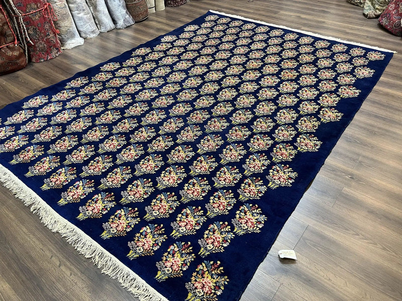 Persian Rug 9x12, Authentic Hand Knotted Carpet, Repeated Floral Motif Garden of Eden, Navy Blue Wool Rug 9 x 12, Semi Antique Kirman Rug by Jewel Rugs