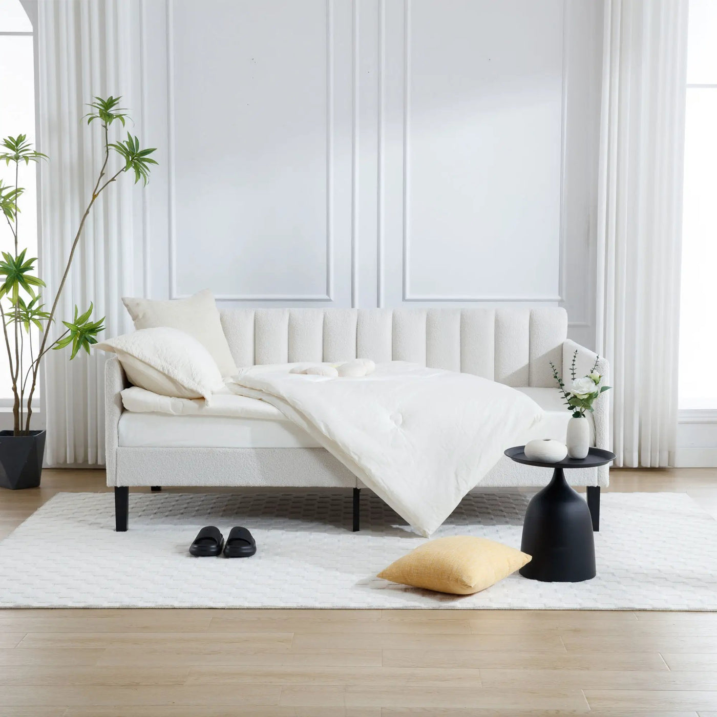 Elena - Boucle Upholstered Daybed, Ribbed Tufted Backrest by HouseOfZazla