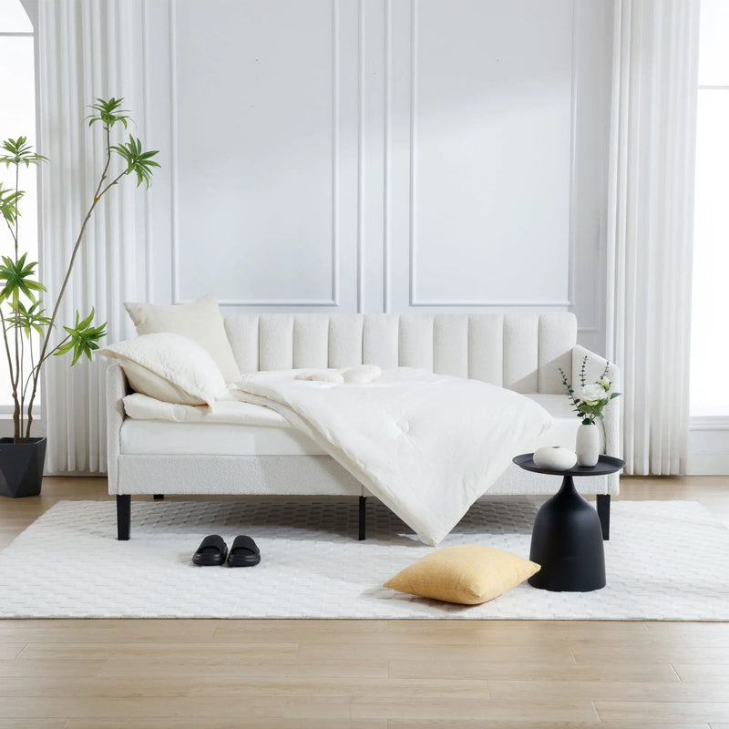 Elena - Boucle Upholstered Daybed, Ribbed Tufted Backrest by HouseOfZazla