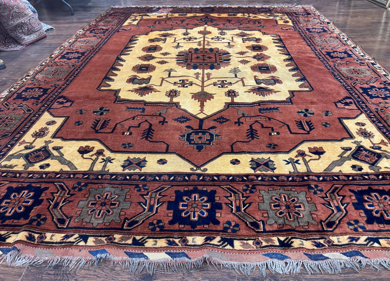 Afghan Heriz Rug 9x12, Tribal Geometric Serapi Carpet, Rust Cream and Navy, Wool on Wool by Jewel Rugs