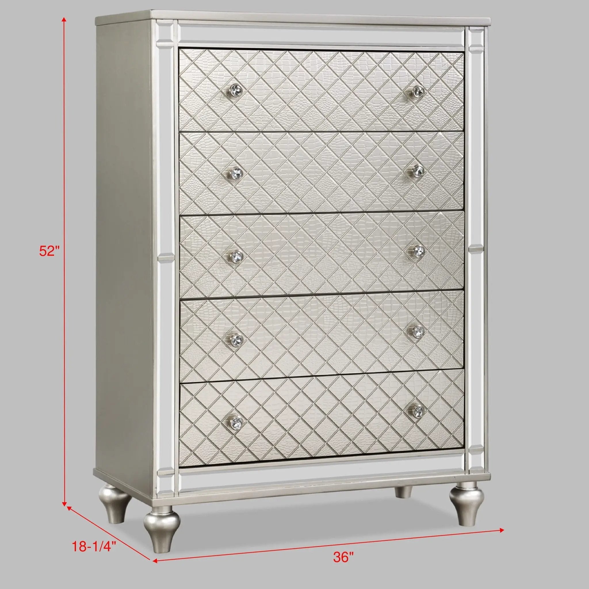 5 Drawer Bedroom Chest With Diamond Patterned Fronts - Silver by HouseOfZazla