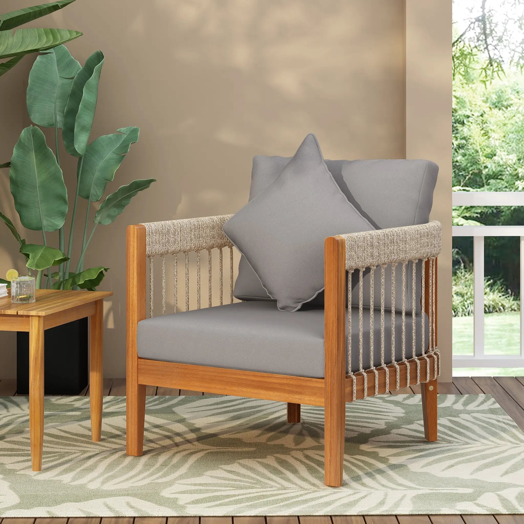 Acacia Wood Outdoor Club Chair with Handwoven Rope Accents & Curved Backrest by HouseOfZazla