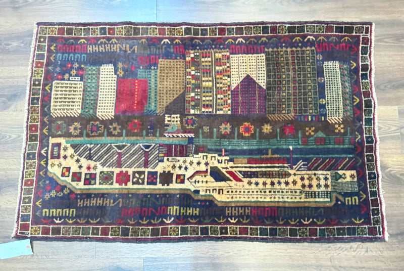 Balouch Rug 3x5, Afghan Carpet, City Pictorial by Jewel Rugs