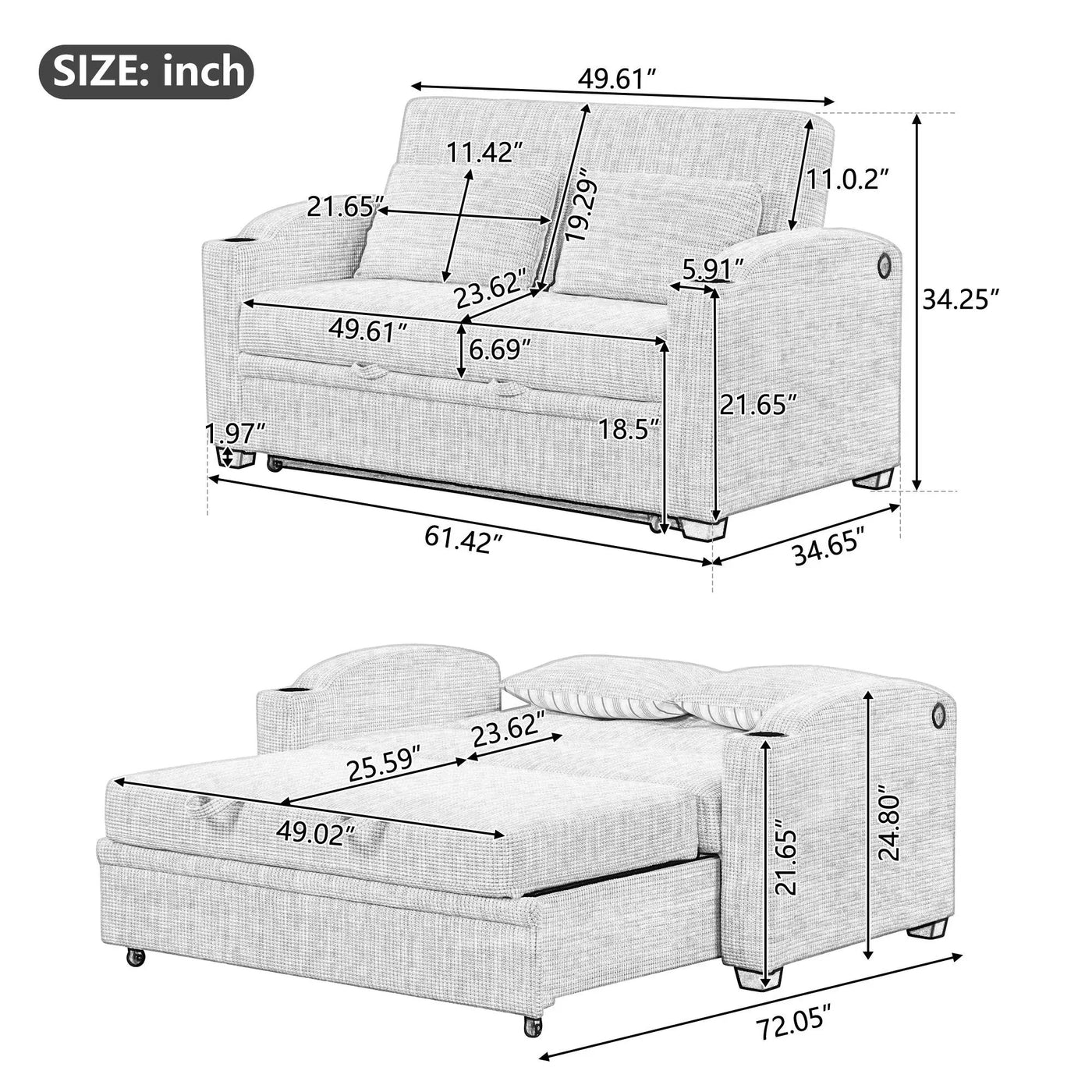 Pull Out Loveseat Sofa With Adjsutable Backrest, 2 Pillows, Cup Holders, USB Ports For Living Room by HouseOfZazla