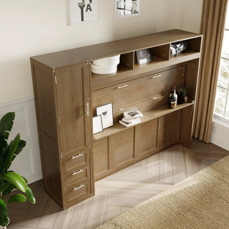 Full Size Murphy Bed With Wardrobe, Drawers, And Open Shelves - Wood by HouseOfZazla