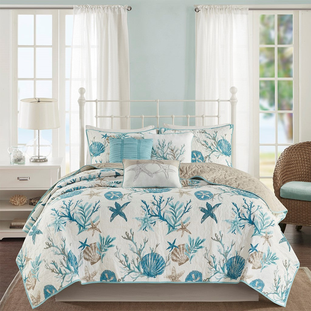 6 Piece Cotton Sateen Quilt Set with Throw Pillows Aqua Full/Queen by HouseOfZazla