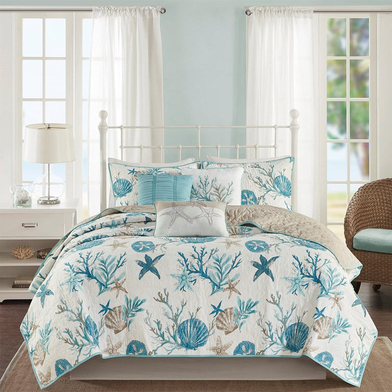 6 Piece Cotton Sateen Quilt Set with Throw Pillows Aqua Full/Queen by HouseOfZazla