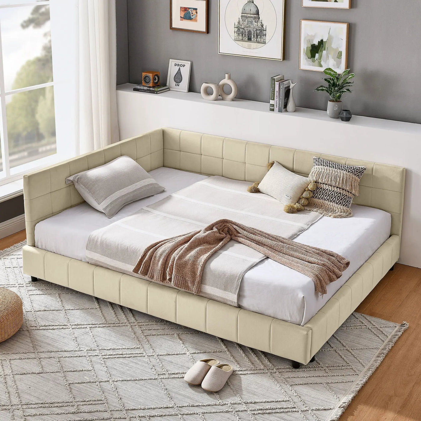 Mid-Century Storage Upholstered Tufted Bed Frame With Backrest And Armrests by HouseOfZazla