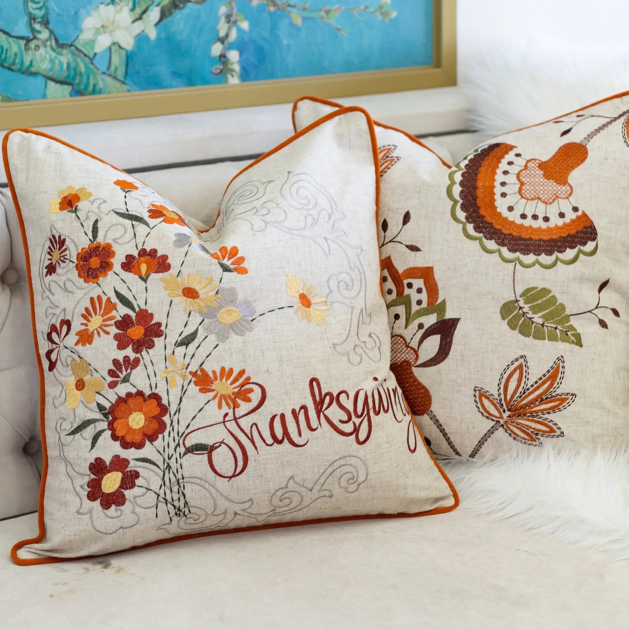 Thanksgiving Embroidered Floral Throw Pillow by HouseOfZazla