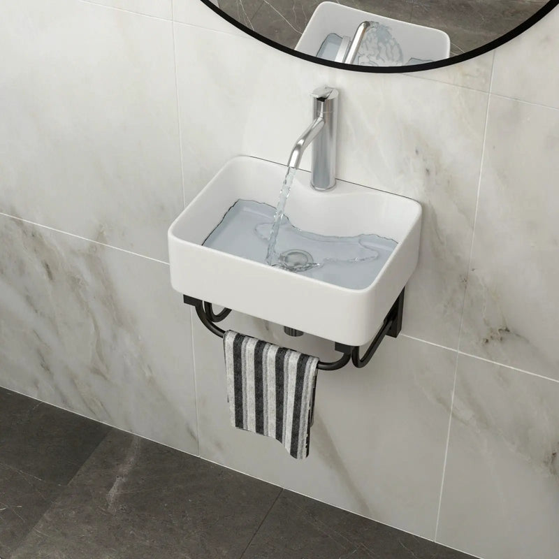 Rectangular Bathroom Sink With Towel Bar & Faucet Hole, Wall Mounted - White