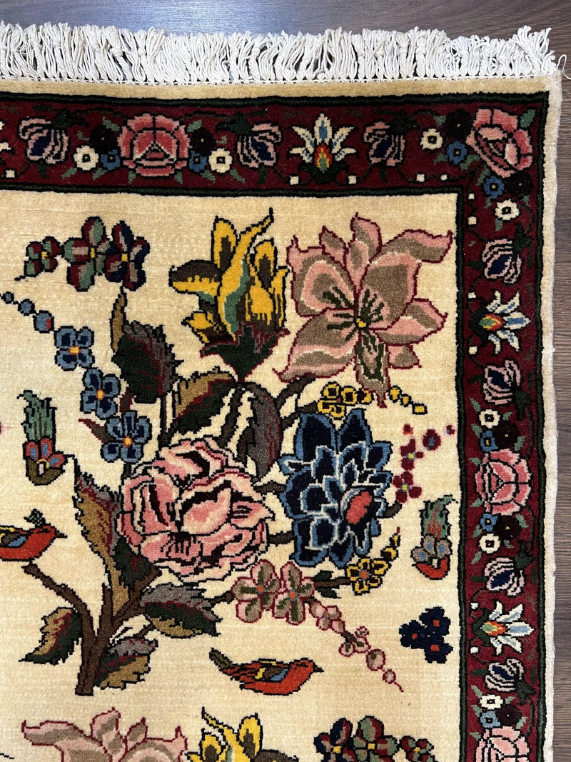 Persian Bidjar Rug 3.6 x 5 ft, Repeated Floral Motifs, Roses and Birds, Cream Burgundy, Fine Wool Oriental Bijar Carpet, Vintage Traditional Area Rug by Jewel Rugs