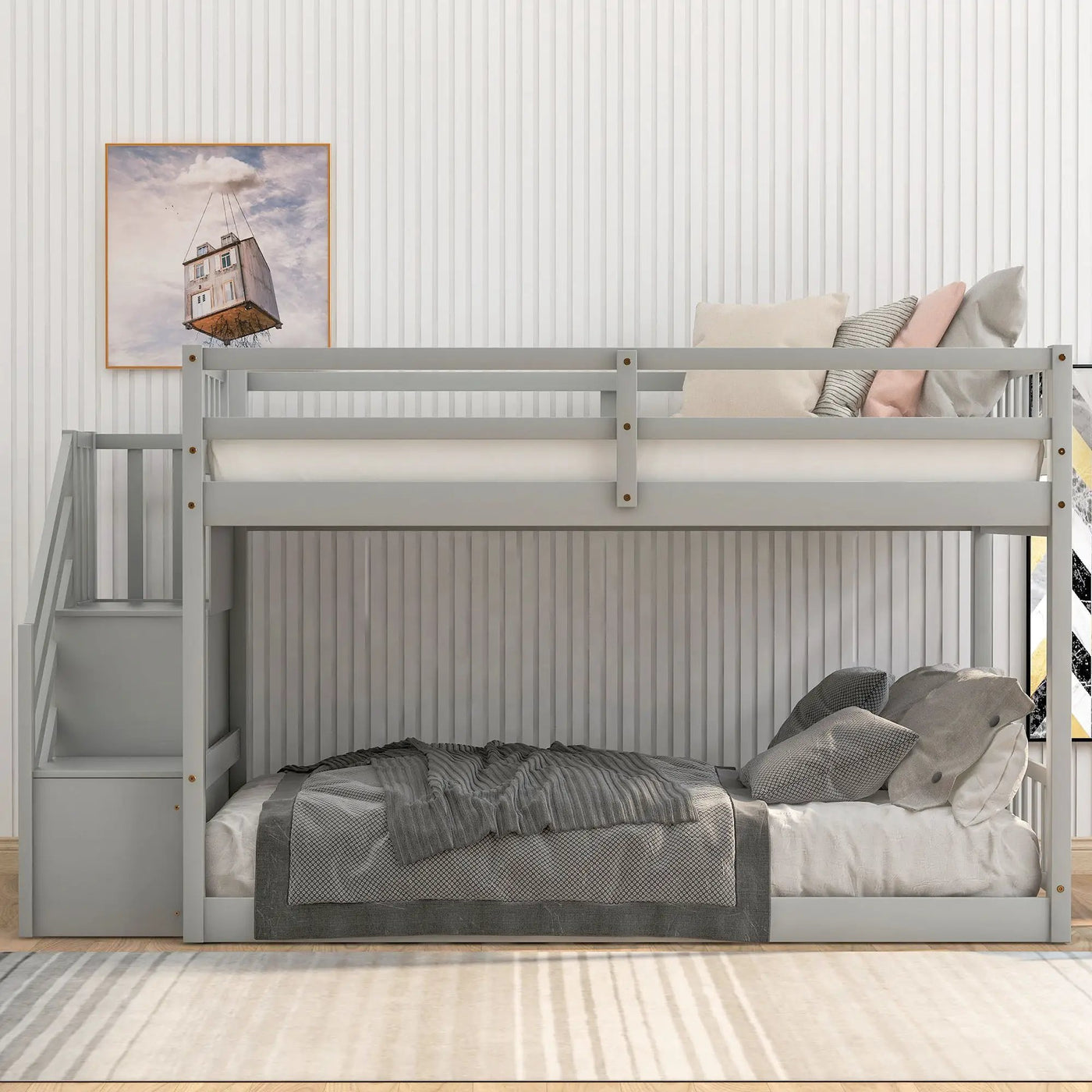 Twin Over Twin Floor Bunk Bed, Ladder With Storage by HouseOfZazla
