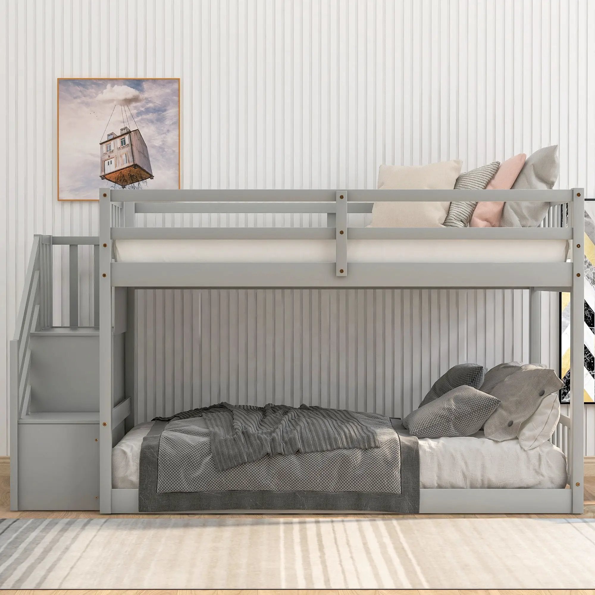 Twin Over Twin Floor Bunk Bed, Ladder With Storage by Unique Piece Furniture