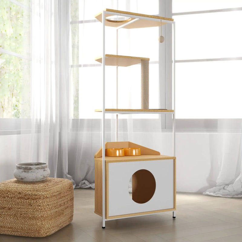 Corner Cat Tower, Cat Tree With Scratching Post, Cat Condo With Feeding Station And Climbing Platforms, Pet Furniture For Indoor Cats - White / Light Oak by HouseOfZazla