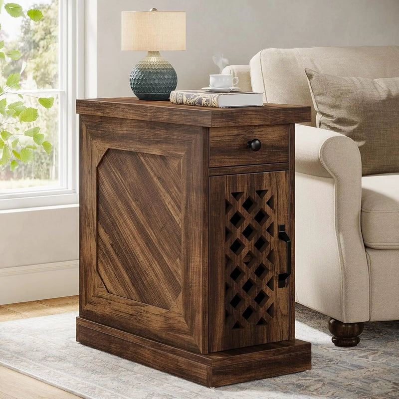 Narrow End Table With Drawer & Cabinet, Nightstand For Small Spaces - Brown by HouseOfZazla