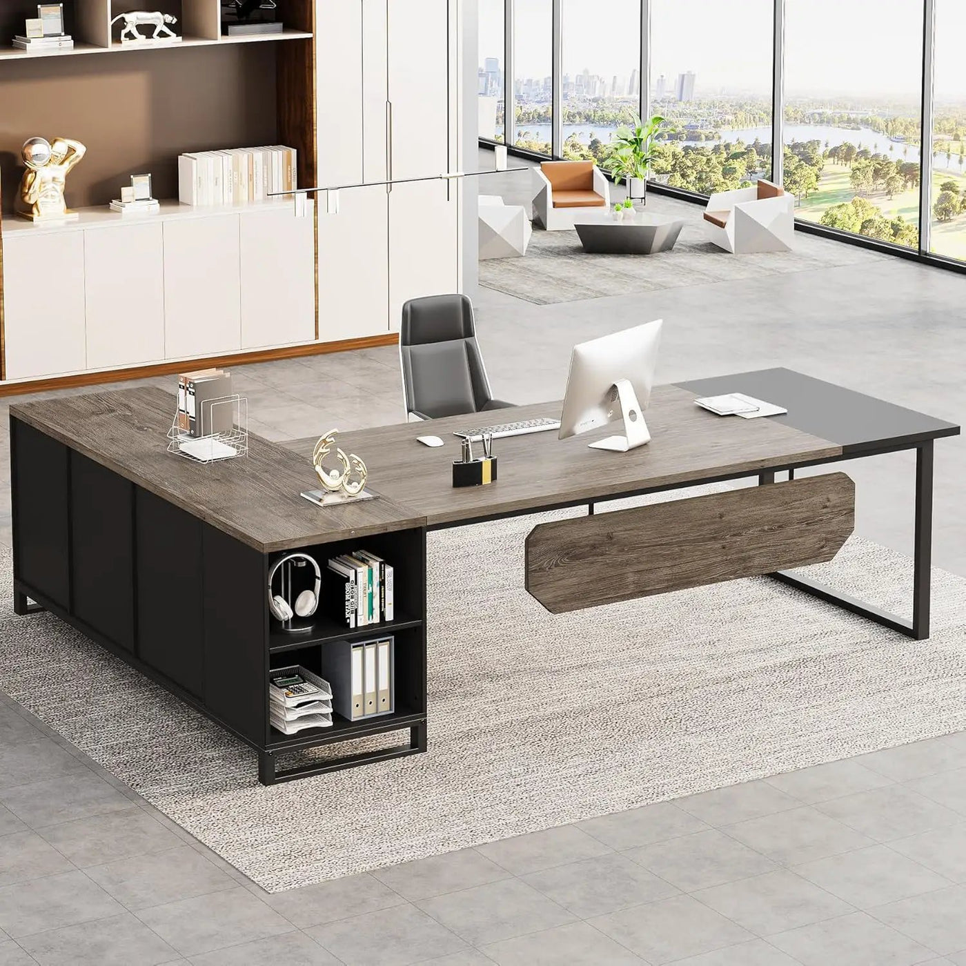 L-Shaped Executive Desk With File Cabinet, Computer Workstation With Storage by HouseOfZazla