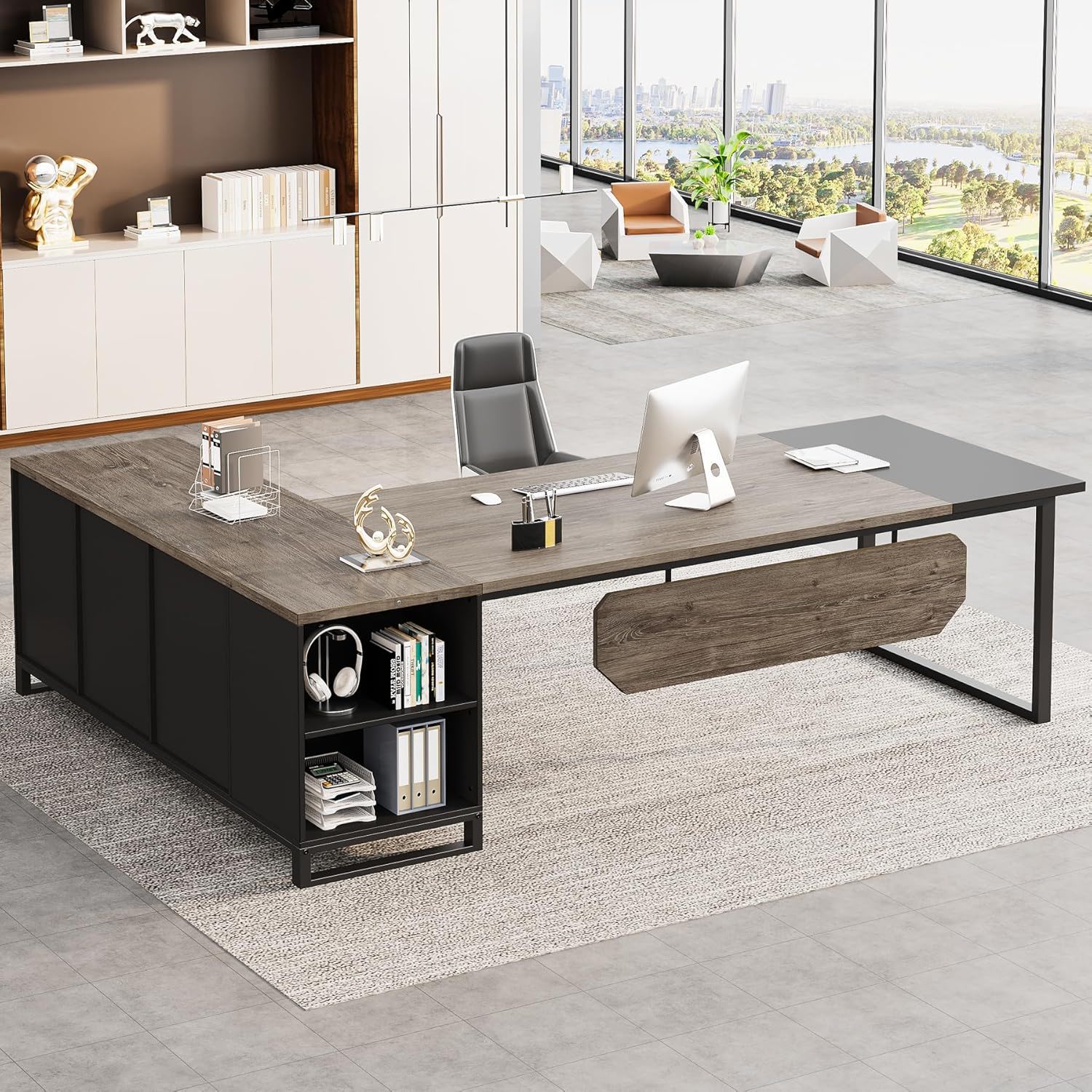 L-Shaped Executive Desk With File Cabinet, Computer Workstation With Storage
