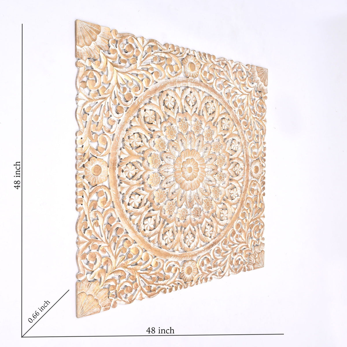 Floral Hand Carved Mandala Square Wall Decor with Spiritual Symbolism - Gold / White, photo 4 of 6