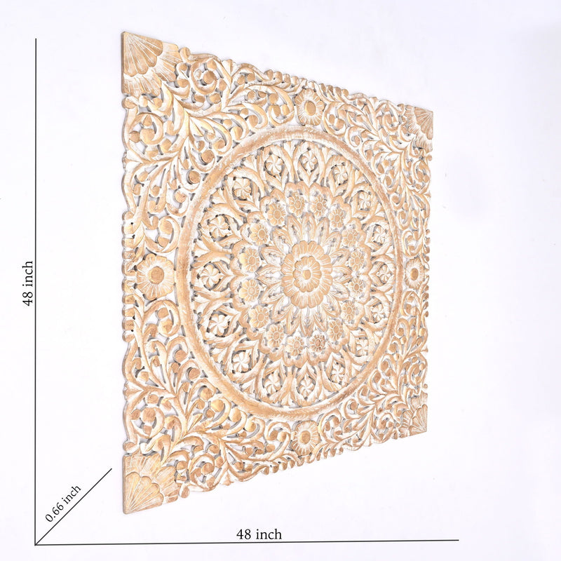 Floral Hand Carved Mandala Square Wall Decor with Spiritual Symbolism - Gold / White, photo 4 of 6