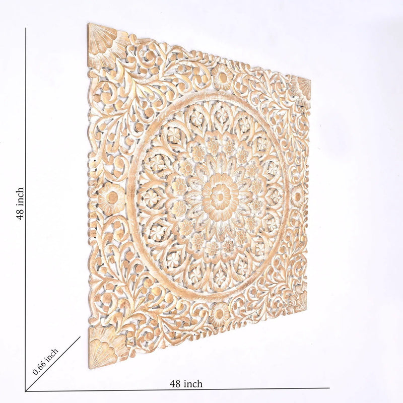 Floral Hand Carved Mandala Square Wall Decor With Spiritual Symbolism - Gold / White by Unique Piece Furniture
