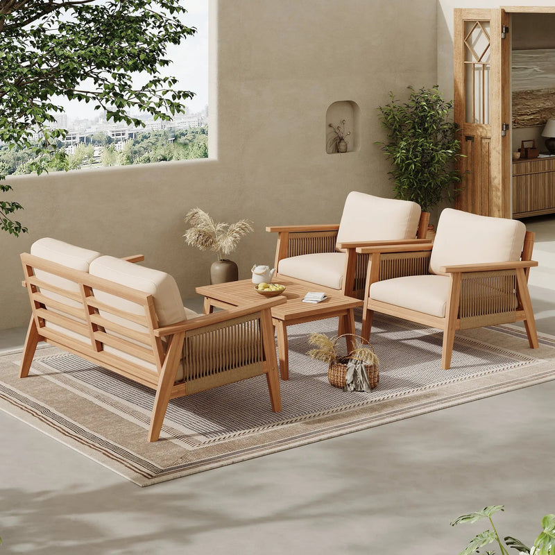Outdoor 4pc Acacia Wood and Rope Sectional Patio Sofa Set by HouseOfZazla