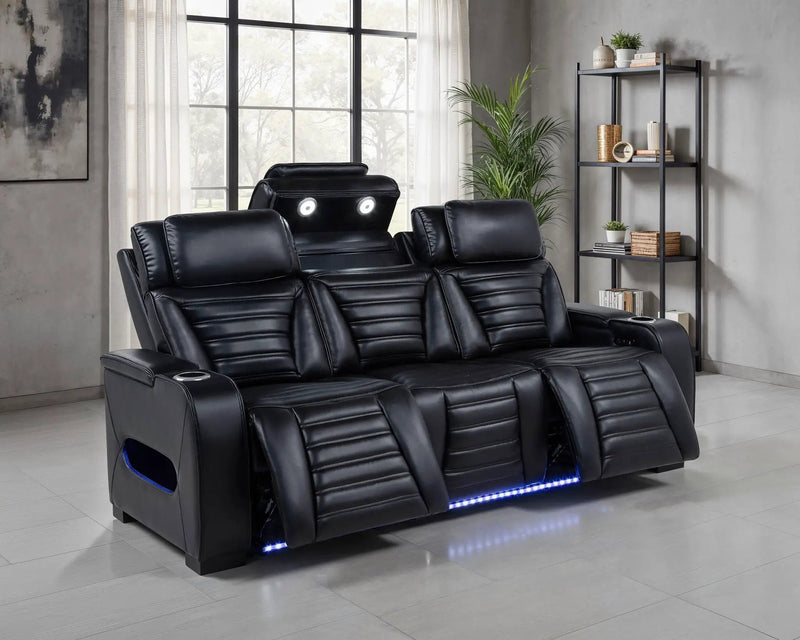 Zuma Faux Leather Dual Power Reclining LED Sofa Black by Unique Piece Furniture
